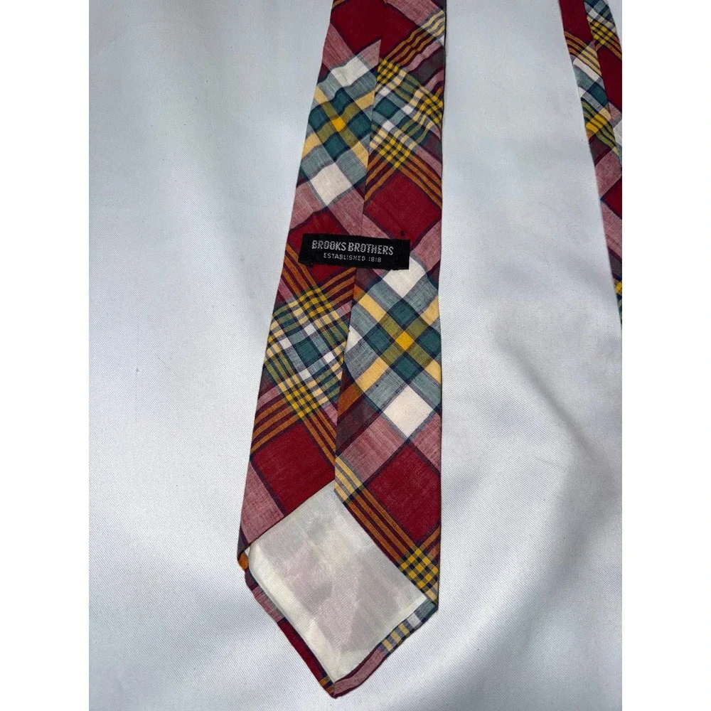 Brooks Brothers Mens Madras Plaid Tie Red Green Yellow Hand‎ Woven India Cotton